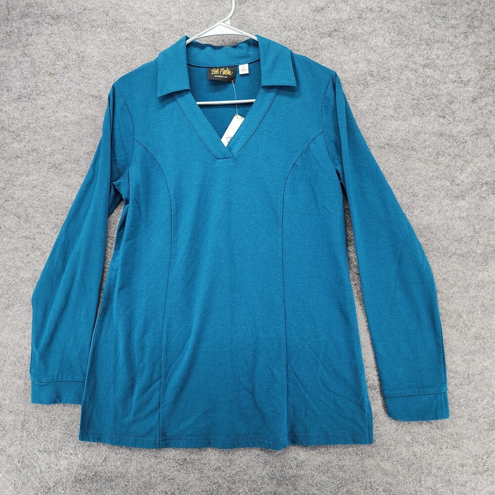 Bob Mackie Wearable Art Shirt Womens XS Long Sleeve V Neck Blue